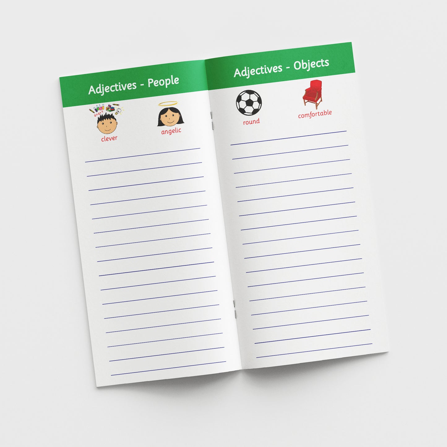 Open book showing right page with heading 'Adjectives - Objects' with examples of round and comfortable; the left page with heading 'Adjectives- People' with examples of clever and angelic