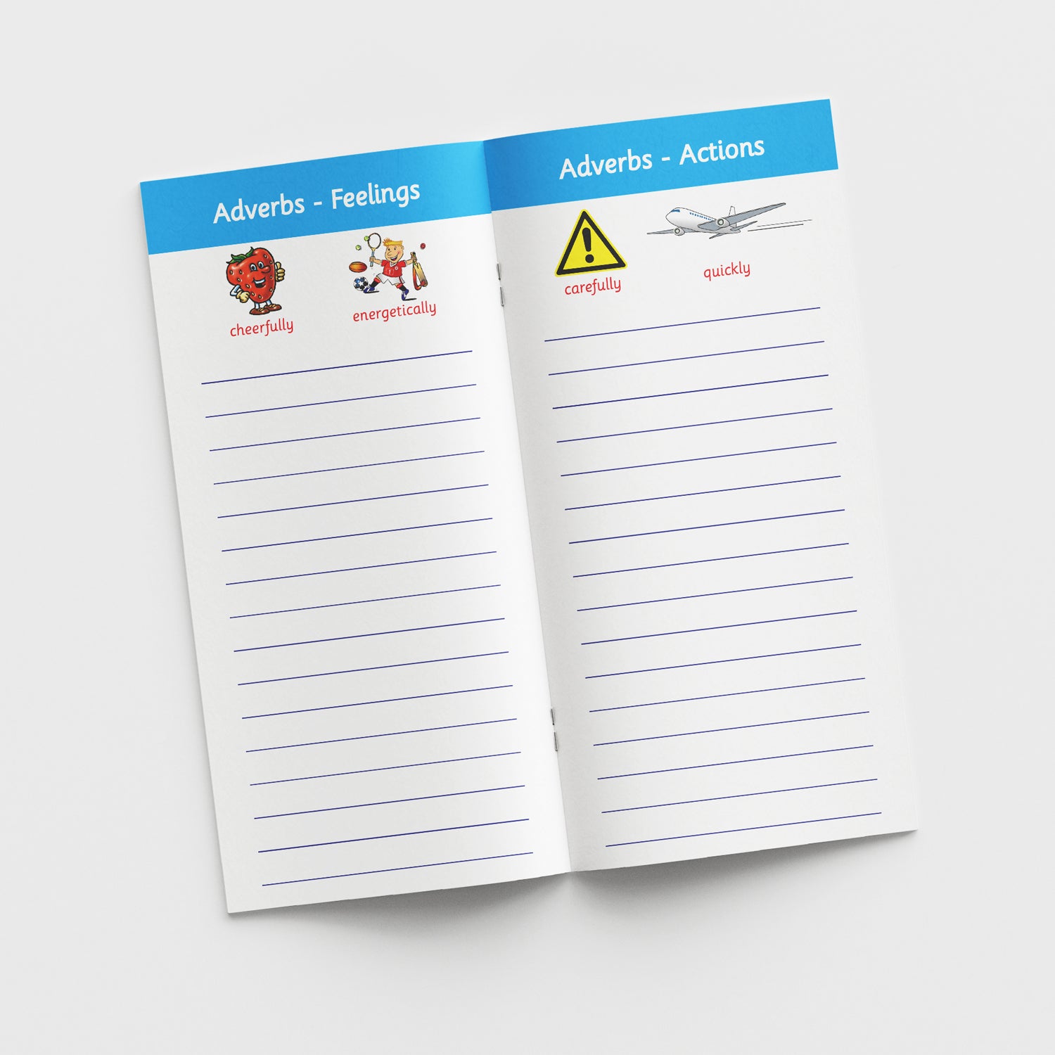 Open book showing left page with heading 'Adverbs - Feelings' with examples of cheerfully and energetically; the right page with heading 'Adverbs - Actions' with examples of carefully and quickly.