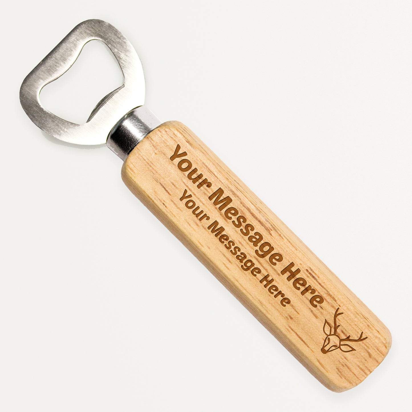 Personalised bottle opener on white background. Metal opener with wooden handle with etched text and image for you to personalise. Example text reads "Your Message Here" twice with an image of a stag's head to the right.