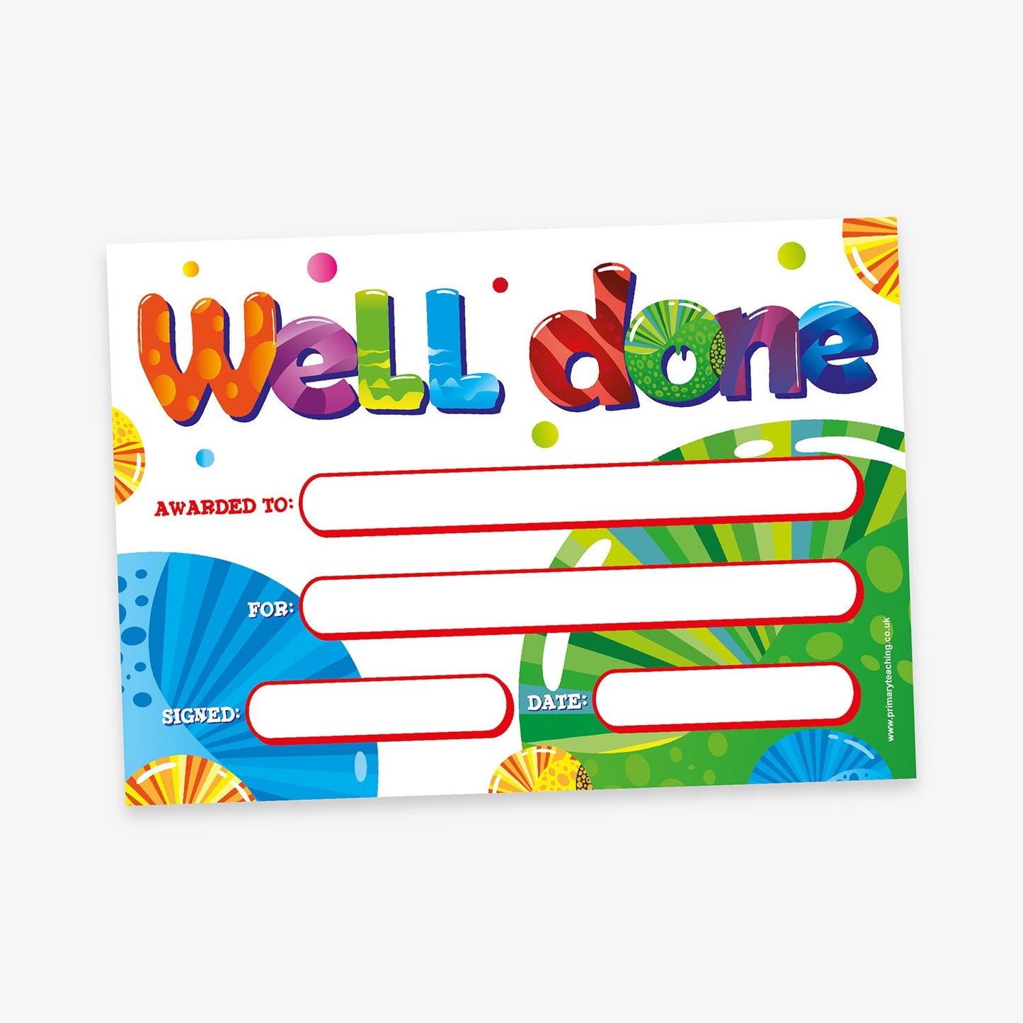 Colourful, bubblegum scented 'Well done' award certificate with vibrant, multicoloured text at the top. The background features bright abstract shapes in blue, green, yellow, and orange. Includes red-bordered blank fields labelled 'Awarded to:', 'For:', 'Signed:', and 'Date:' for customisation.