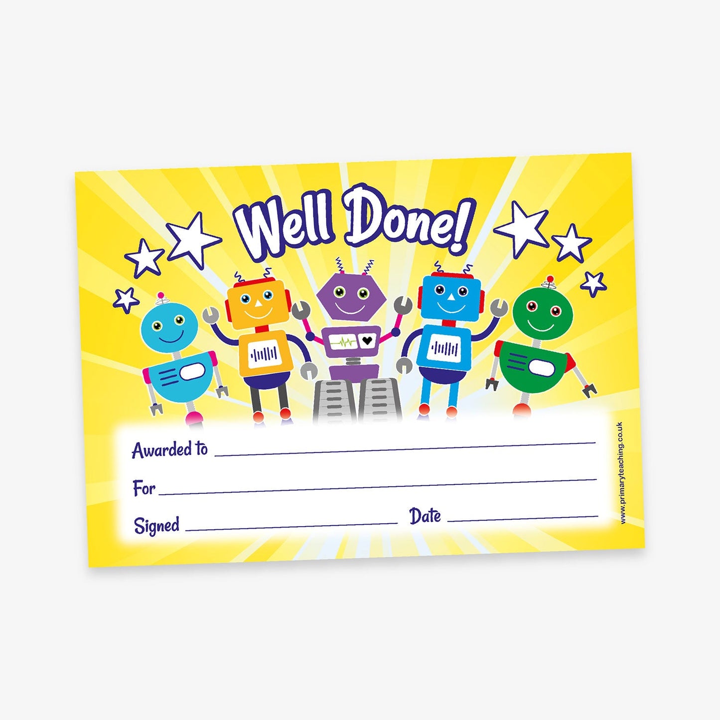 Tropical fruitscented 'Well Done!' award certificate, with a bright yellow background and cartoon-style robots holding hands beneath the heading. Includes fields for recipient name, reason, signature, and date.