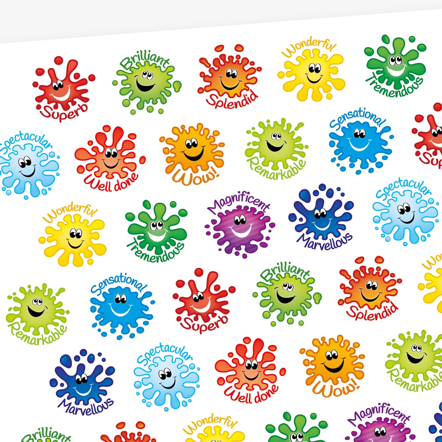 A sheet of round, jellybean scented reward stickers, each featuring a colourful paint splat character with a smiling face. The stickers include positive words in playful fonts, such as 'Superb' on a red splat, 'Brilliant' on a green splat, 'Tremendous' on a darker green splat, and 'Magnificent' on a purple splat. Each design is vibrant and visually engaging.