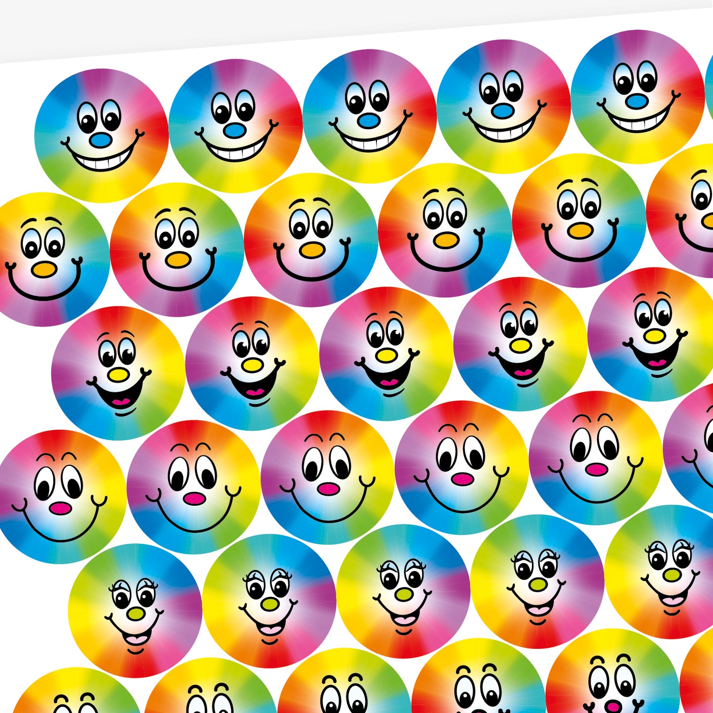 A sheet of 32mm circular stickers with berry scent.  Featuring a smiling face on a rainbow spectrum background.