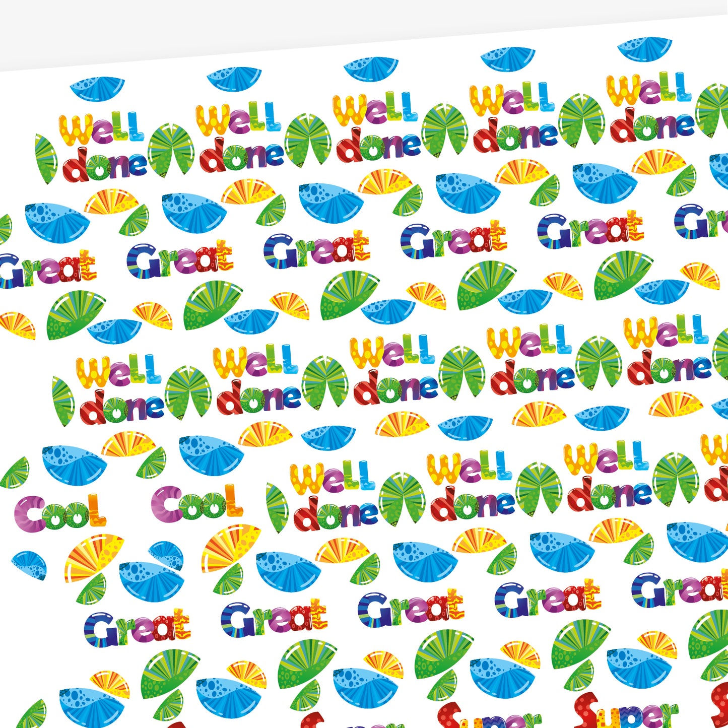 A sheet of 32mm circular stickers with bubble-gum scent. Featuring semi circle fruit pieces surrounding phrases such as 'Well done', 'Super', and 'Great'.