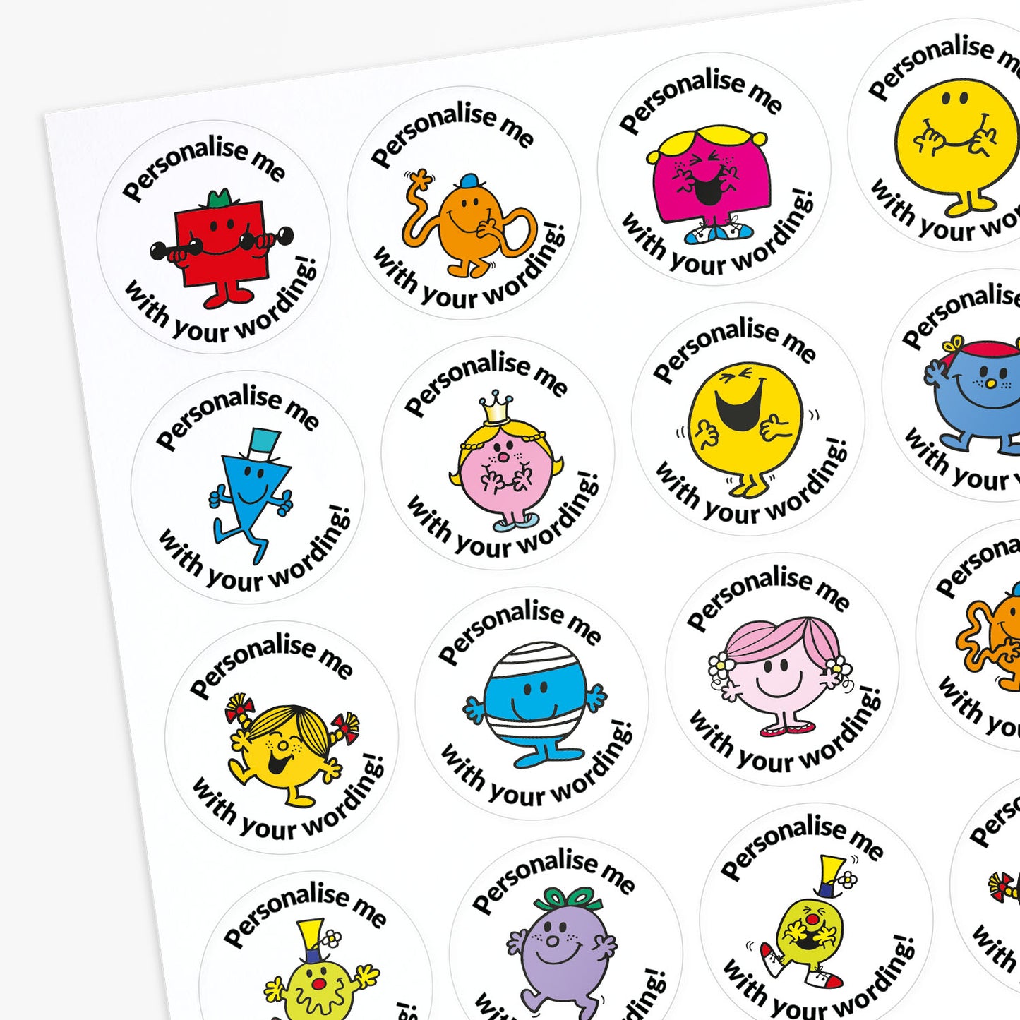 Circular stickers with colorful characters and text on a white background