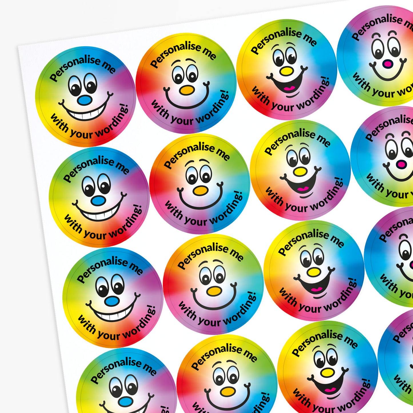 Sheet of colorful stickers with smiley faces and text 'Personalise me with your wording!' on a white background.