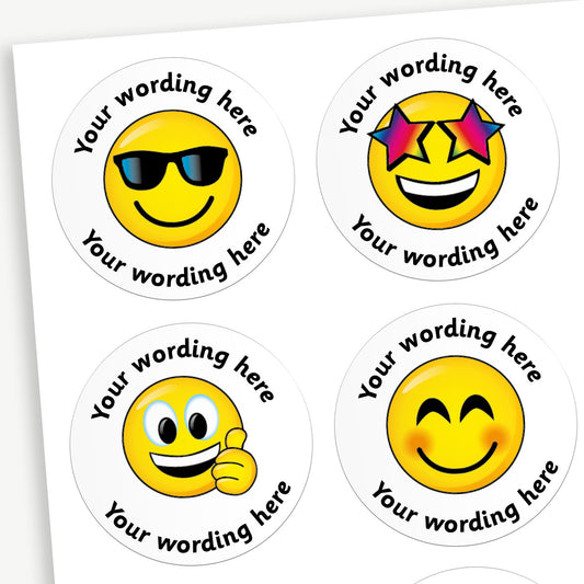 A sheet of 37mm round personalised stickers with bubblegum scent. The stickers display a yellow emoji face with different expressions, such as sunglasses, star eyes, thumbs up, and smiling. Text around the emoji is customisable.