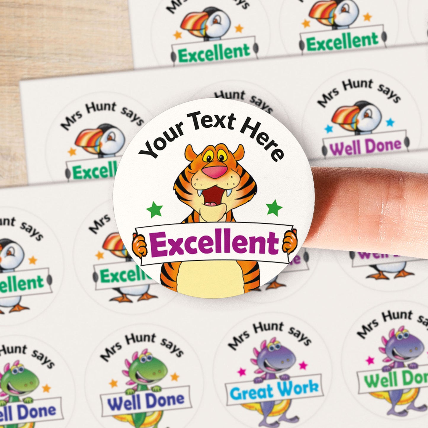 A close up image of a tiger holding 'Excellent' banner on a sticker. Text above the character is customisable