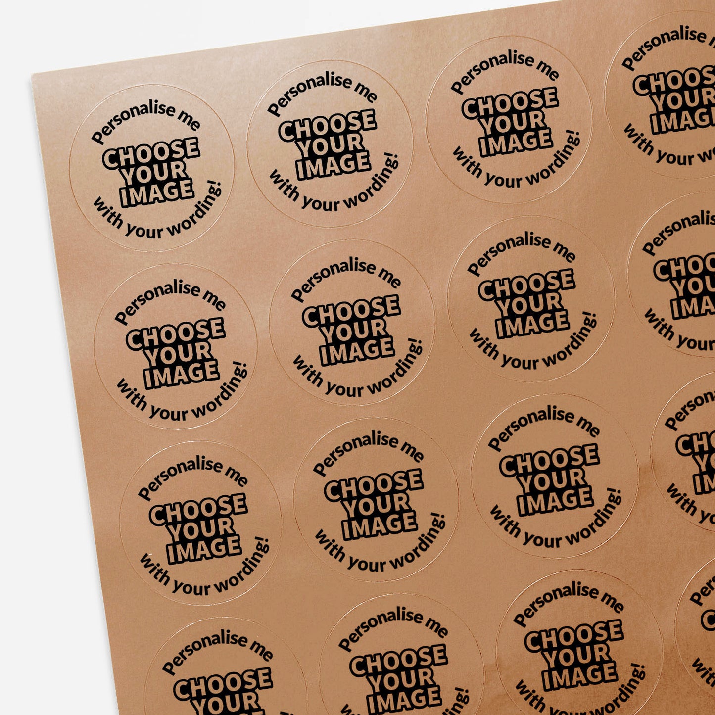 Sheet of personalised stickers with 'Choose Your Image' text on a brown background