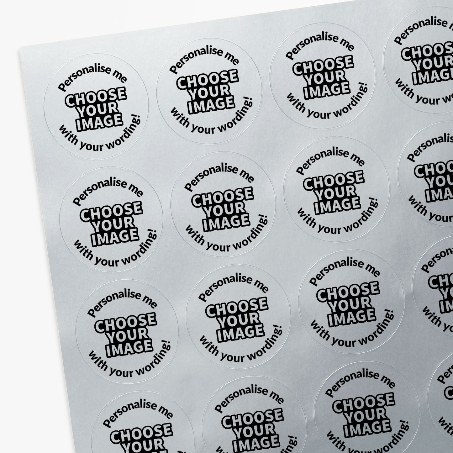 Sheet of round stickers with customisable text on a white background