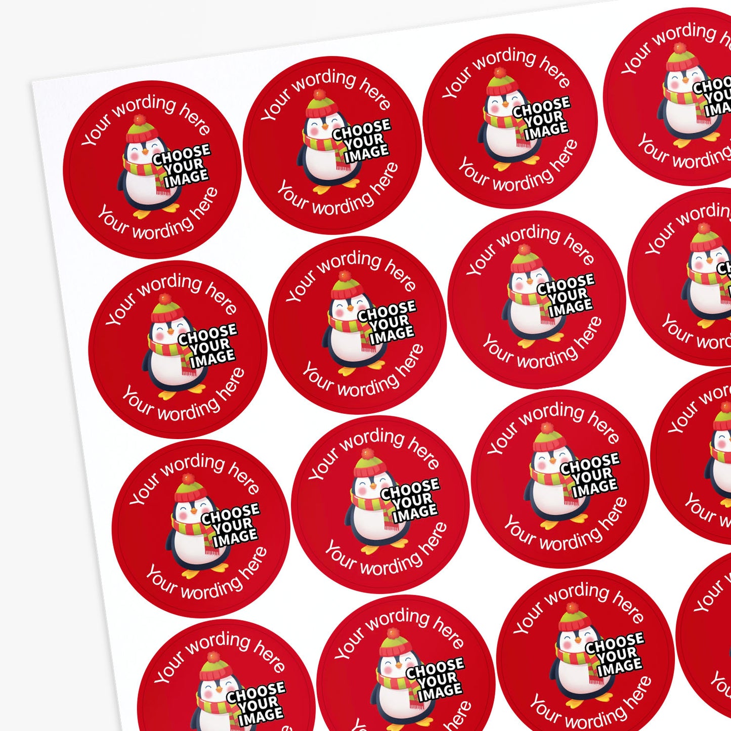 Sheet of round red stickers with penguin graphic and customizable text.