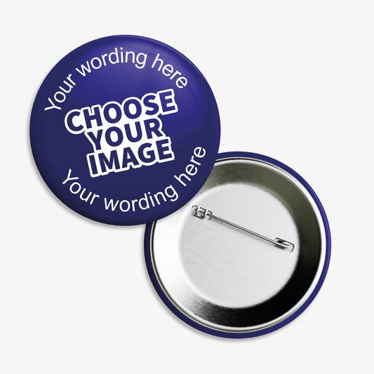 A set of ten 38mm round badges featuring a colour choice background with a central area for custom designs; each badge includes the text 'Your wording here' above and below a placeholder reading 'CHOOSE YOUR IMAGE'; designed for personalisation with images or text, ideal for school rewards or events