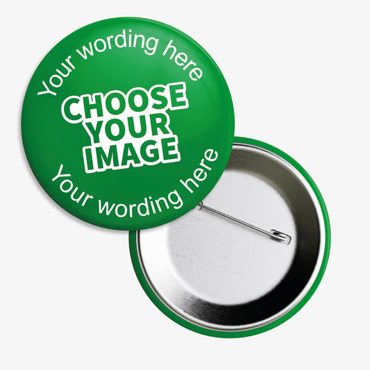 A set of ten 50mm round badges featuring a colour choice background with a central area for custom designs; each badge includes the text 'Your wording here' above and below a placeholder reading 'CHOOSE YOUR IMAGE'; designed for personalisation with images or text, ideal for school rewards or events