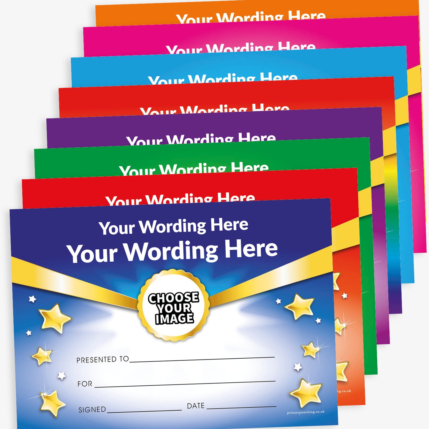 Customisable A5 award certificates in vibrant colour themes. Each certificate features the placeholder text 'Your wording here' at the top, with gold ribbon accents and scattered stars. Includes blank lines for 'Presented to', 'For', 'Signed', and 'Date', and a central circular badge space labelled 'Choose Your Image' for personalisation.