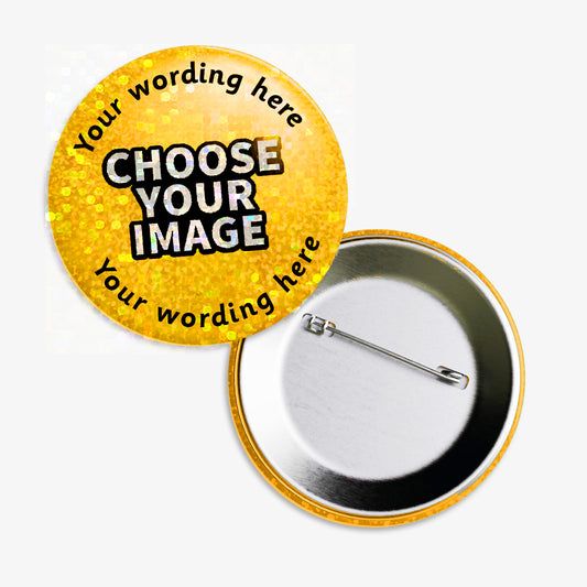 A set of ten 38mm round badges featuring a holographic colour choice background with a central area for custom designs; each badge includes the text 'Your wording here' above and below a placeholder reading 'CHOOSE YOUR IMAGE'; designed for personalisation with images or text, ideal for school rewards or events