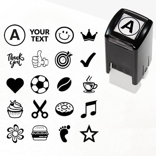 Customisable blue self-inking 10mm stamper with the placeholder text 'YOUR TEXT' in bold blue, alongside alternative options for icons such as smiling face or star, indicating space for a personalised image or message.