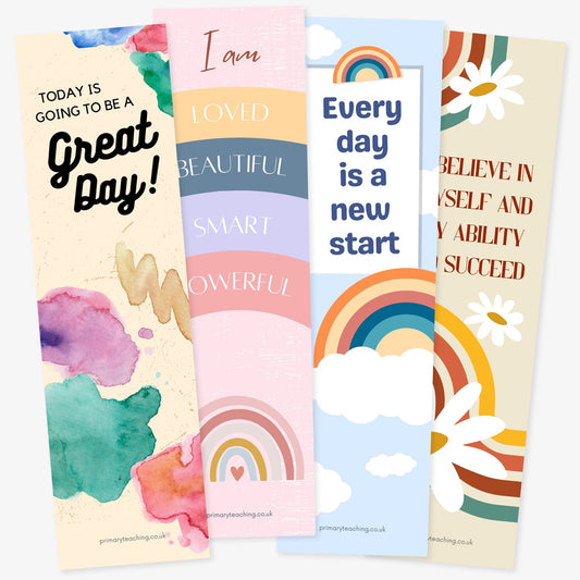 A set of motivational bookmarks with uplifting messages and cheerful designs. Texts include: 'Today is going to be a great day!', 'I am loved, beautiful, smart, powerful', 'Every day is a new start', and 'I believe in myself and my ability to succeed'. Designs feature rainbows, clouds, flowers, and soft pastel tones.