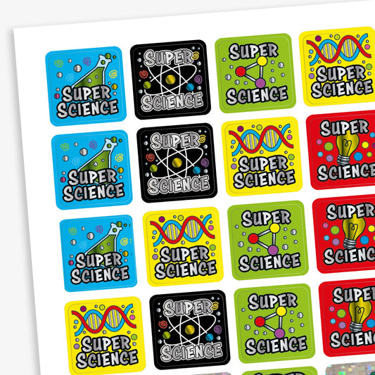 A sheet of 140 square 16mm metallic science-themed reward stickers, each featuring the phrase 'Super Science' in bold text, set against vibrant backgrounds with illustrations such as DNA strands, atoms, and laboratory equipment, designed to motivate and reward pupils for their achievements in science.
