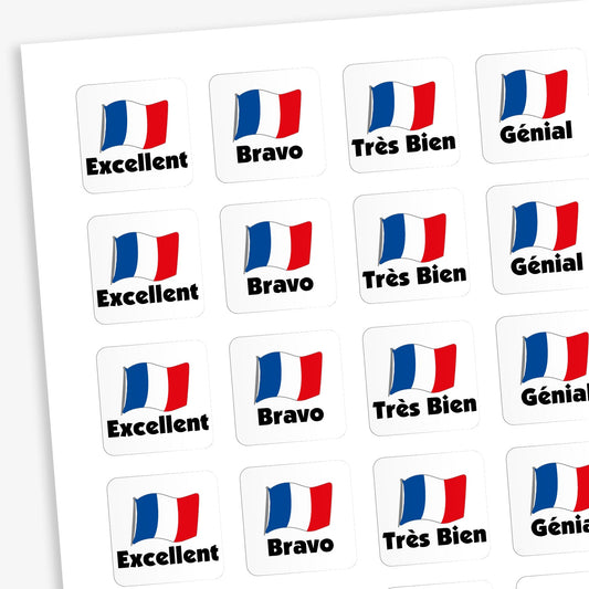 A sheet displaying 140 assorted 16mm square reward stickers, featuring a French flag on a white background with French phrases such as 'Excellent', 'Bravo', and 'Très Bien'.