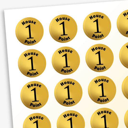 A sheet of 140 circular, metallic 16mm reward stickers, each featuring the phrase 'House Point' in bold text, set against a metallic gold background with a central '1' .