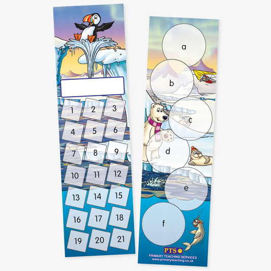 Double-sided arctic-themed reward bookmarks. The left bookmark features a puffin on an iceberg, a white name label space, and numbered boxes from 1 to 20 arranged in a grid. The right bookmark displays an arctic scene with a polar bear, seal, puffin, and plane, and has six large circles labelled a to f for sticker placement.