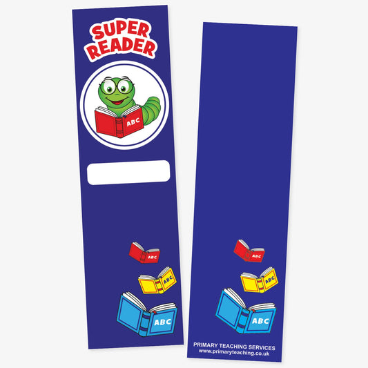 A double sided navy blue reading-themed bookmark. One side features the title 'SUPER READER' above a cartoon bookworm wearing glasses and reading a red ABC book, with a white name box below. The bottom of both bookmarks displays red, yellow, and blue illustrated books with 'ABC' on the covers.