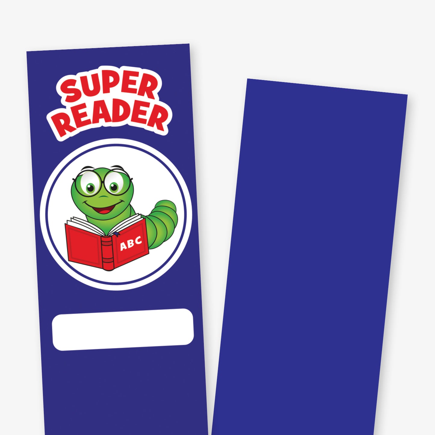 A close up of a double sided navy blue reading-themed bookmark. One side features the title 'SUPER READER' above a cartoon bookworm wearing glasses and reading a red ABC book, with a white name box below. The bottom of both bookmarks displays red, yellow, and blue illustrated books with 'ABC' on the covers.