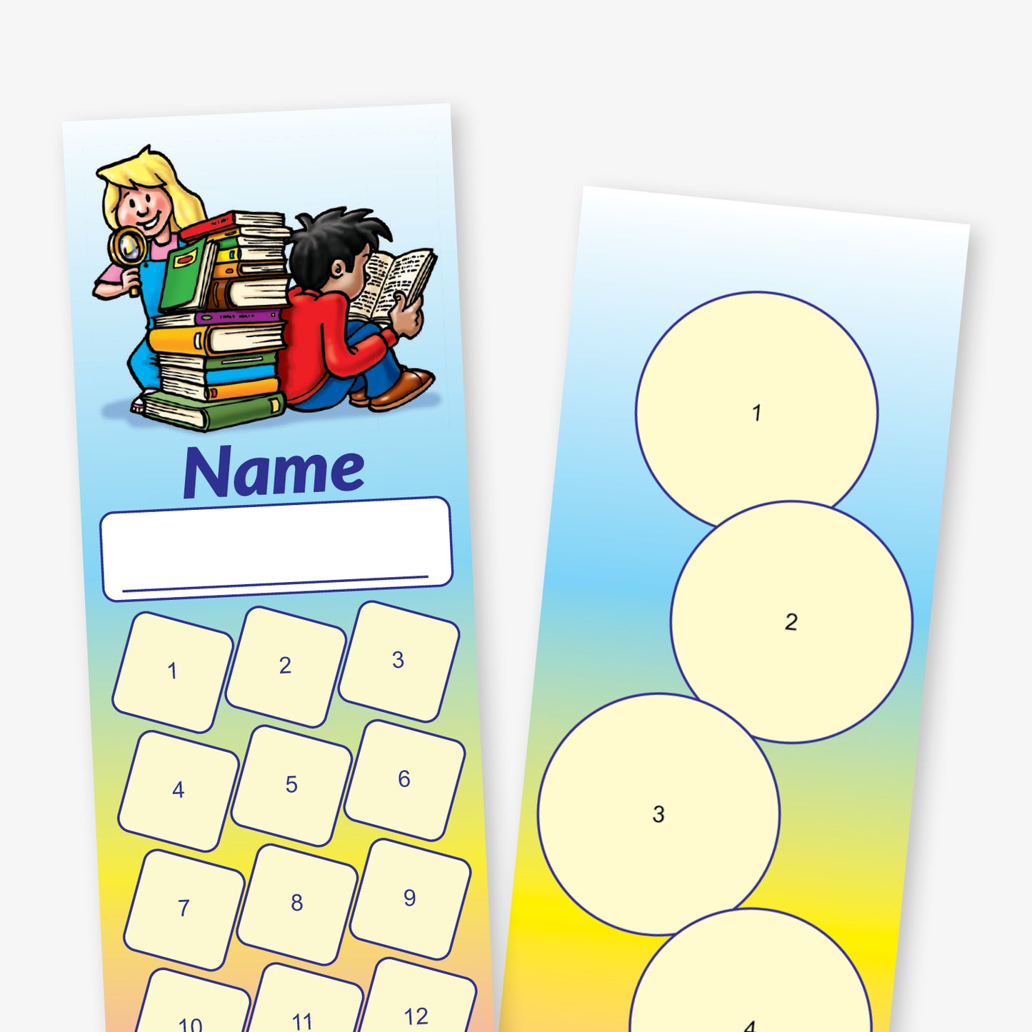 Close up of a double-sided bookmark. One side features 2 children sat with a pile of books, a space for a name and then 21 spaces for stickers The other side shows 6 spaces for larger stickers, against a rainbow hue background.