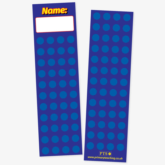 Tall, blue double-sided bookmark with 'Name:' at the top in yellow text with a white space for a name to be writing.  The front has space for 44 diddi-dot stickers and the reverse has space for a further 52 stickers.