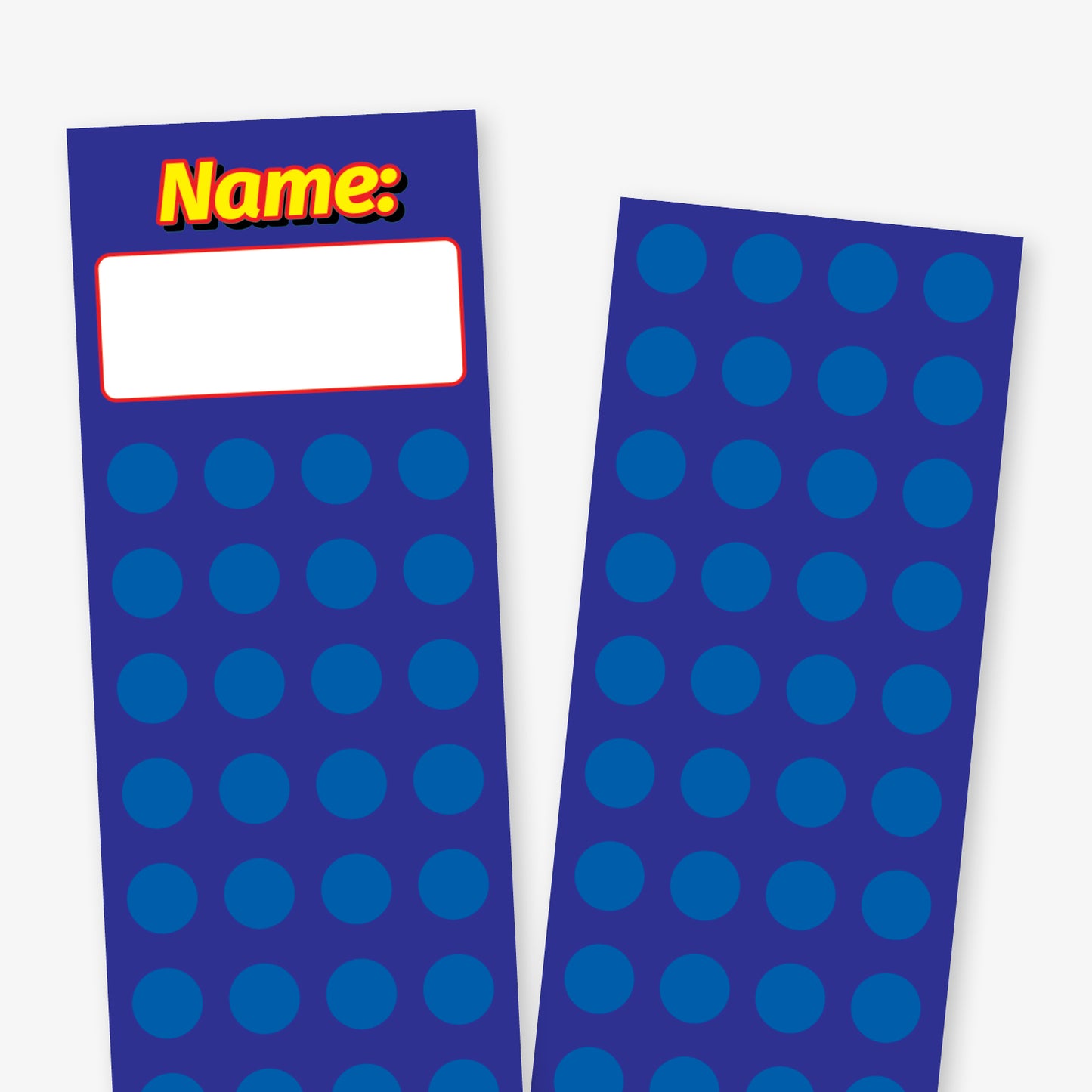 Close up of a tall, blue double-sided bookmark with 'Name:' at the top in yellow text with a white space for a name to be writing. The front has space for 44 diddi-dot stickers and the reverse has space for a further 52 stickers.