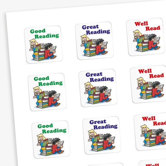 A sheet of white square reward stickers with phrases including 'Well Read', 'Great Reading' and 'Good Reading' in blue, green or red text. Each sticker features a boy and a girl reading against a stack of books.