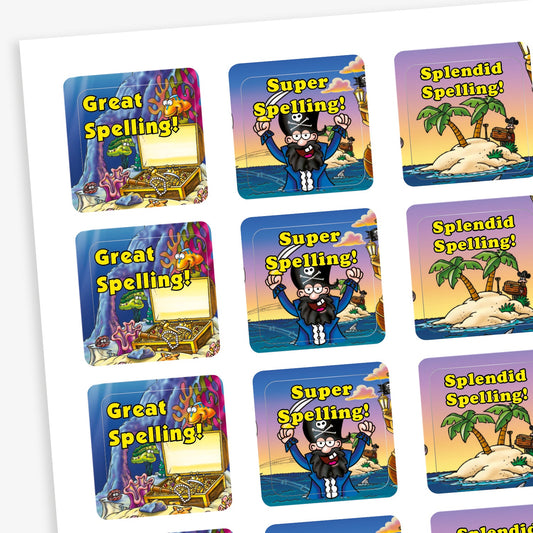 A sheet of square reward stickers with phrases including 'Super Spelling!', 'Splendid Spelling!' and 'Great Spelling!' in yellow text. Each sticker features pirate cartoon  scenes including a treasure chest underwater, a pirate with a cutlass and a desert island.