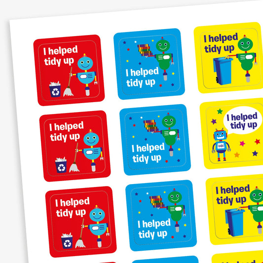 A sheet of square stickers in various background colours including cyan, red, white, purple and green each with the message 'Super Work!' around an illustration a superhero person or dog.