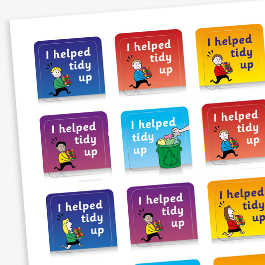 A sheet of square stickers in various background colours including cyan, red, white, purple and green each with the message 'Super Work!' around an illustration a superhero person or dog.