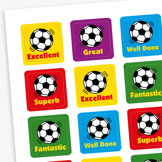 A sheet of square stickers each with a football as the main image and positive words 'Excellent', 'Great', 'Well Done', 'Fantastic' and 'Superb'.  The backgrounds are vibrant colours including yellow, purple, cyan, red and green.