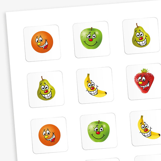 Sheet of square stickers with a white background.  Each sticker has a smiling fruit central to the design including - Orange, apple, strawberry, banana and pear.