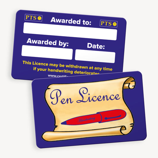 A double-sided Pen Licence card with a dark blue background. One side features a scroll illustration with the words 'Pen Licence' written in cursive and a red pen labelled 'Handwriting'. The reverse side includes white boxes to write the recipient’s name, the awarding person's name, and the date. It also includes the text: 'This Licence may be withdrawn at any time if your handwriting deteriorates', with 'PTS' logos in the corners.