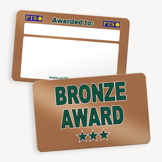 CertifiCARD measuring 86mm by 54mm, featuring a bronze front with 'BRONZE AWARD' central to the design across 2 lines in bold green letters with white outline, there are 3 green stars below the words; reverse side includes two white boxes for handwritten recipient details.