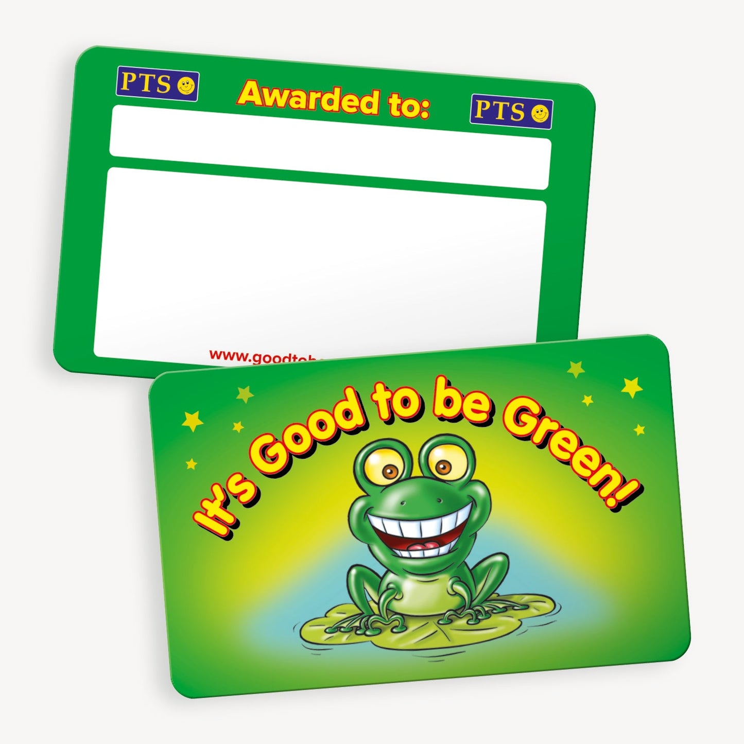 A set of ten CertifiCARDS, each featuring a green background with a cheerful green frog illustration with wide eyes and a big smile, sitting on a lily pad. The phrase 'IT'S GOOD TO BE GREEN' in bold yellow lettering surrounds the frog; the reverse side includes spaces 'Awarded to:' and space to handwrite reason for award.