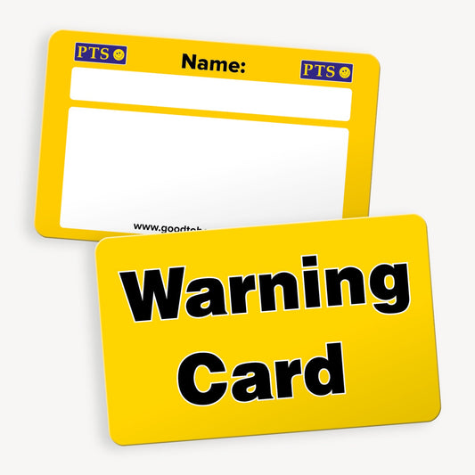 A set of ten CertifiCARDS, vibrant yellow and the front has the phrase 'Warning Card' clearly shown in black bold writing.  The reverse side includes white spaces labelled 'Name:'