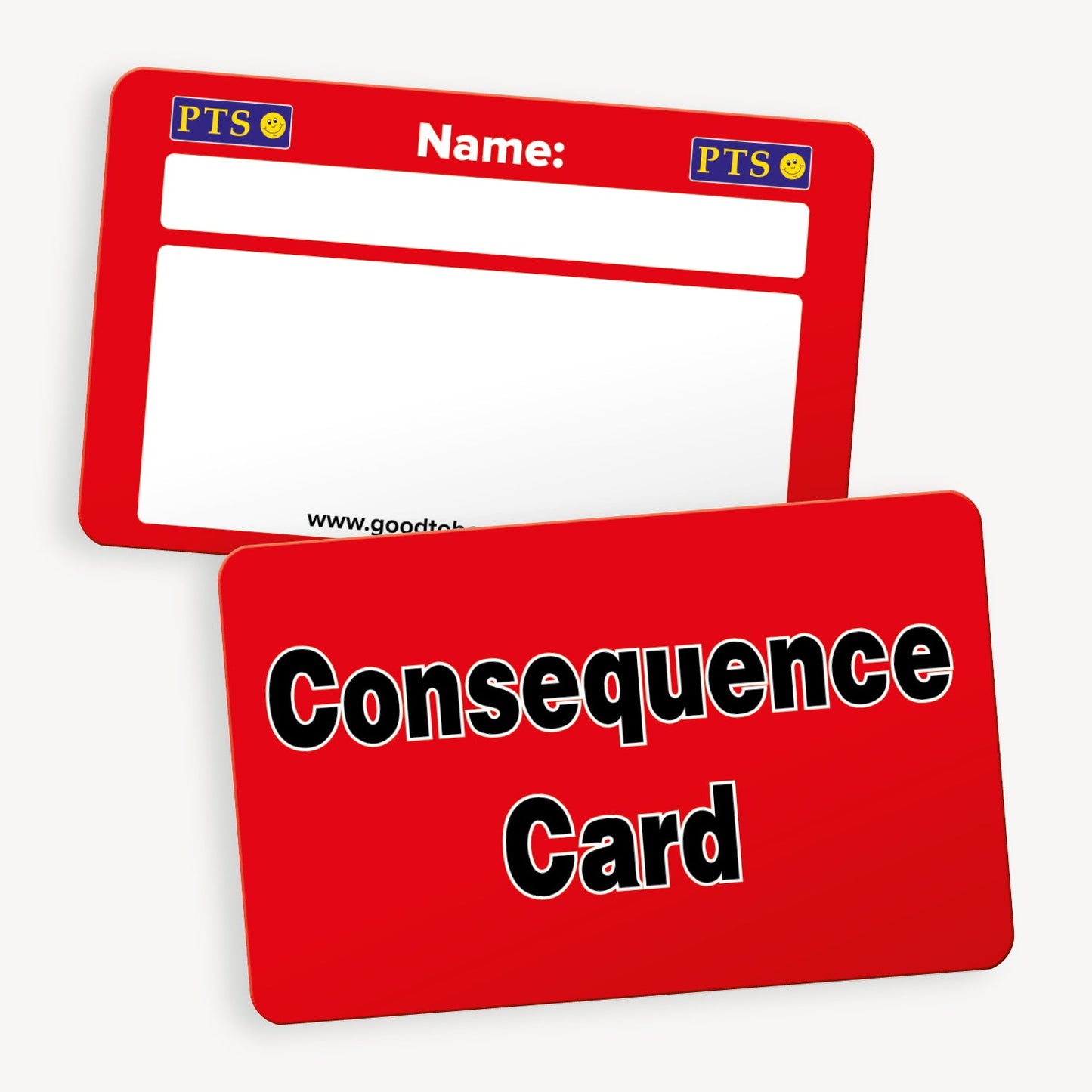 CertifiCARD measuring 86mm by 54mm, featuring a bright red front with 'Consequence Card' central to the design in bold black letters with white outline; reverse side includes two white boxes for handwritten recipient details.