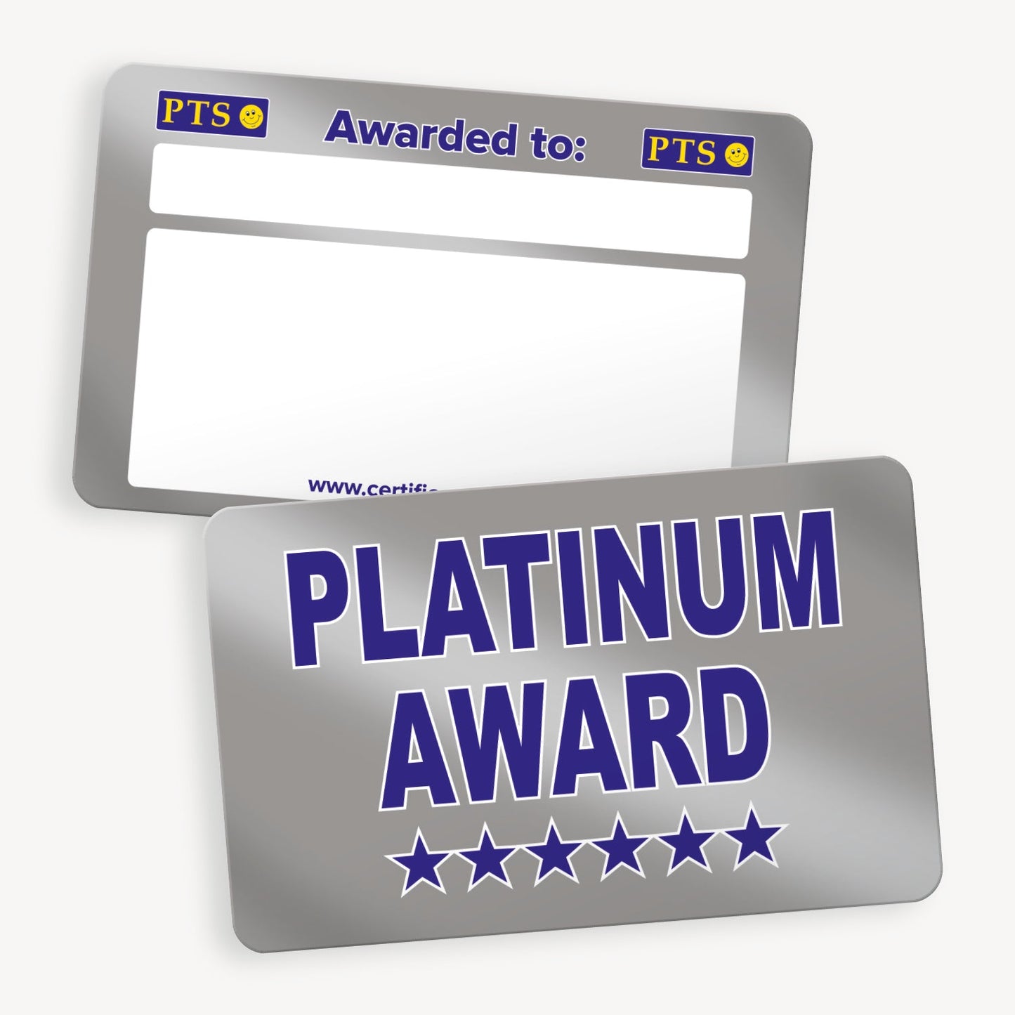 CertifiCARD measuring 86mm by 54mm, featuring a platinum front with 'PLATINUM AWARD' central to the design across 2 lines in bold blue letters with white outline, there are 6 blue stars below the words; reverse side includes two white boxes for handwritten recipient details.