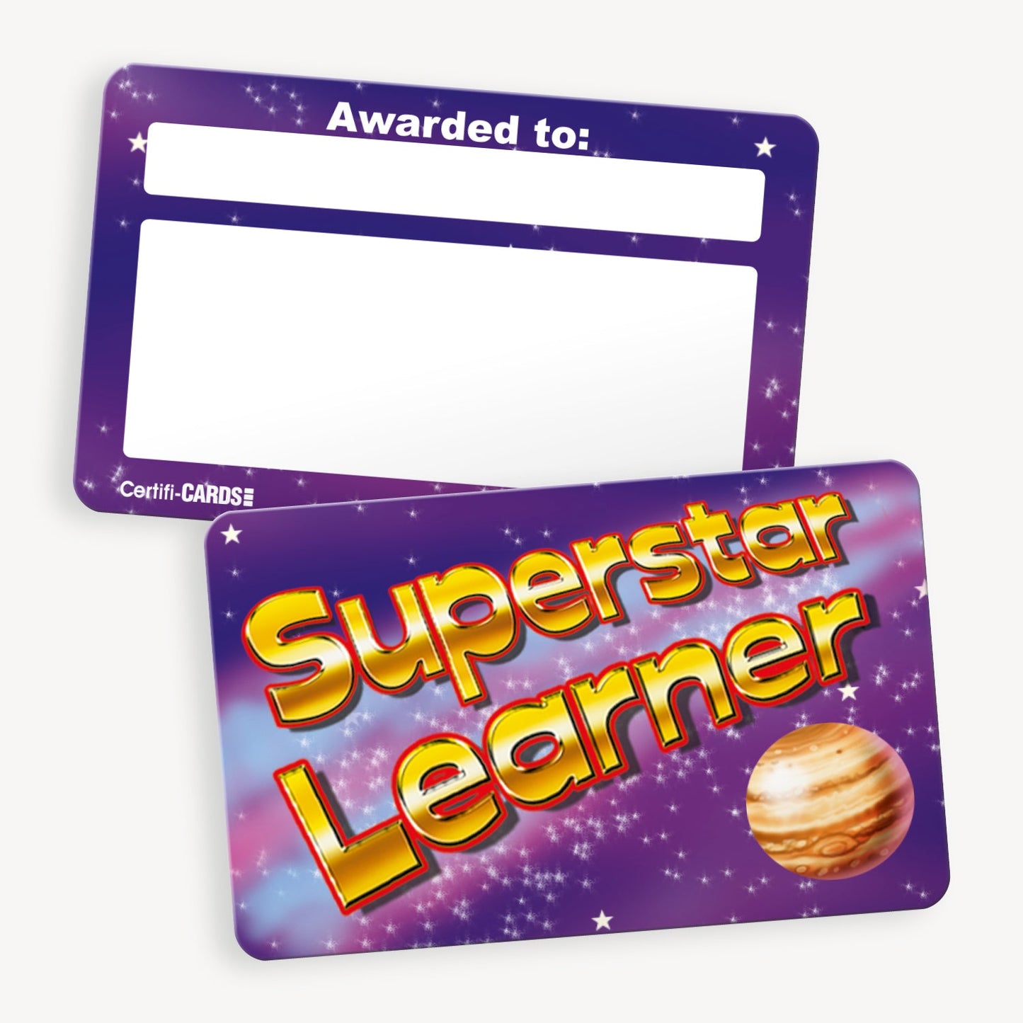 A set of ten wallet-sized CertifiCARDS, each featuring a vibrant space-themed design with a purple background, scattered stars, and a planet illustration; the front displays the phrase 'Superstar Learner' in bold, colourful text, while the reverse side includes white spaces labelled 'Awarded to:' for personalisation; designed to celebrate pupils' achievements in educational settings.