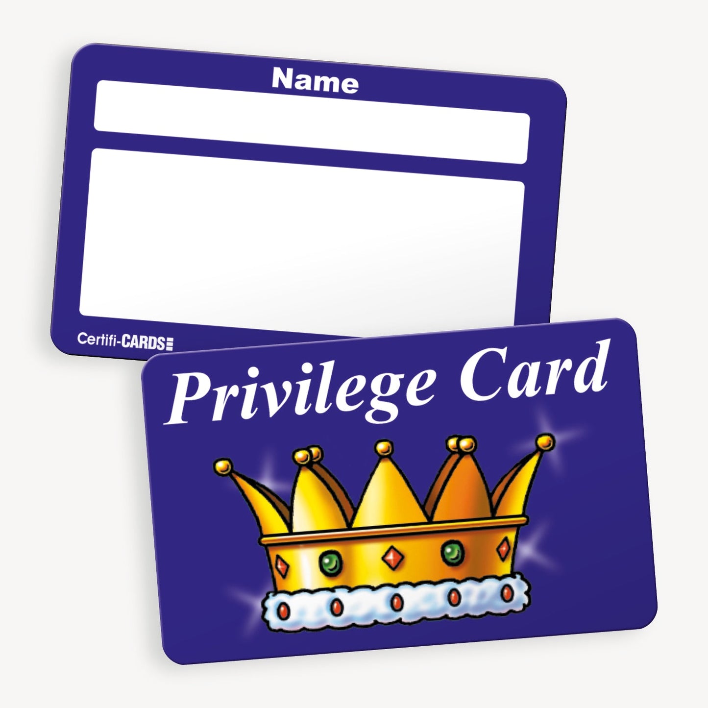 A set of ten CertifiCARDS, each featuring a blue background with the phrase 'Privilege Card' in bold white text above a golden crown with 5 jewels in it; the reverse side includes a white space labelled 'Name' for personalisation
