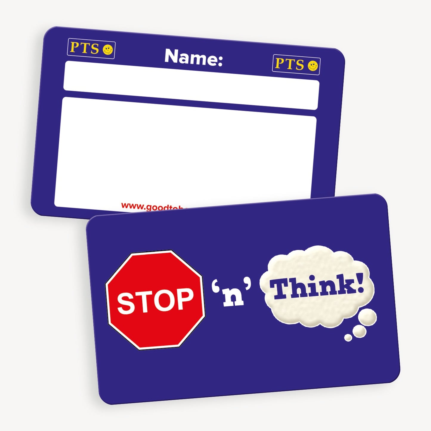 A set of ten wallet-sized 'STOP 'n' Think' CertifiCARDS, each featuring a bold red stop sign icon alongside the phrase 'STOP 'n' Think' in white text on a dark blue background; designed to discreetly prompt pupils to reflect on their behaviour, serving as a durable and reusable alternative to paper certificates