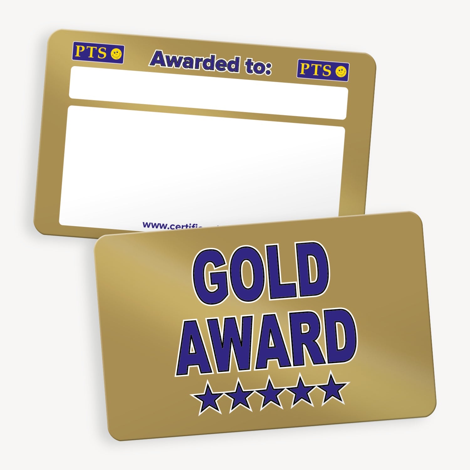 CertifiCARD measuring 86mm by 54mm, featuring a gold front with 'GOLD AWARD' central to the design across 2 lines in bold blue letters with white outline, there are 5 blue stars below the words; reverse side includes two white boxes for handwritten recipient details.