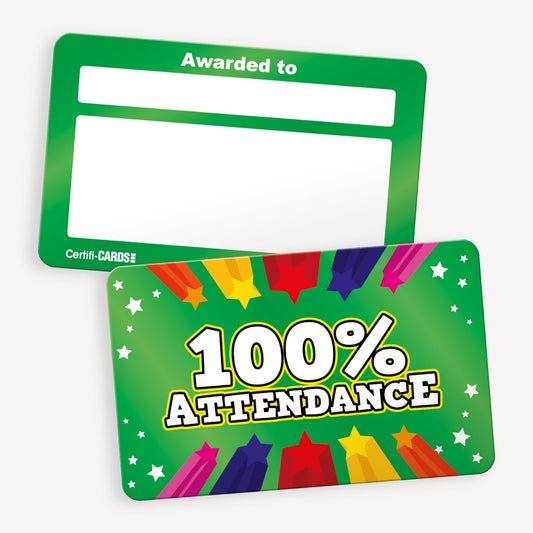 CertifiCARD measuring 86mm by 54mm, featuring a vibrant green front with '100% ATTENDANCE' central to the design and 5 shooting stars below and above the wording; reverse side includes two white boxes for handwritten recipient details.