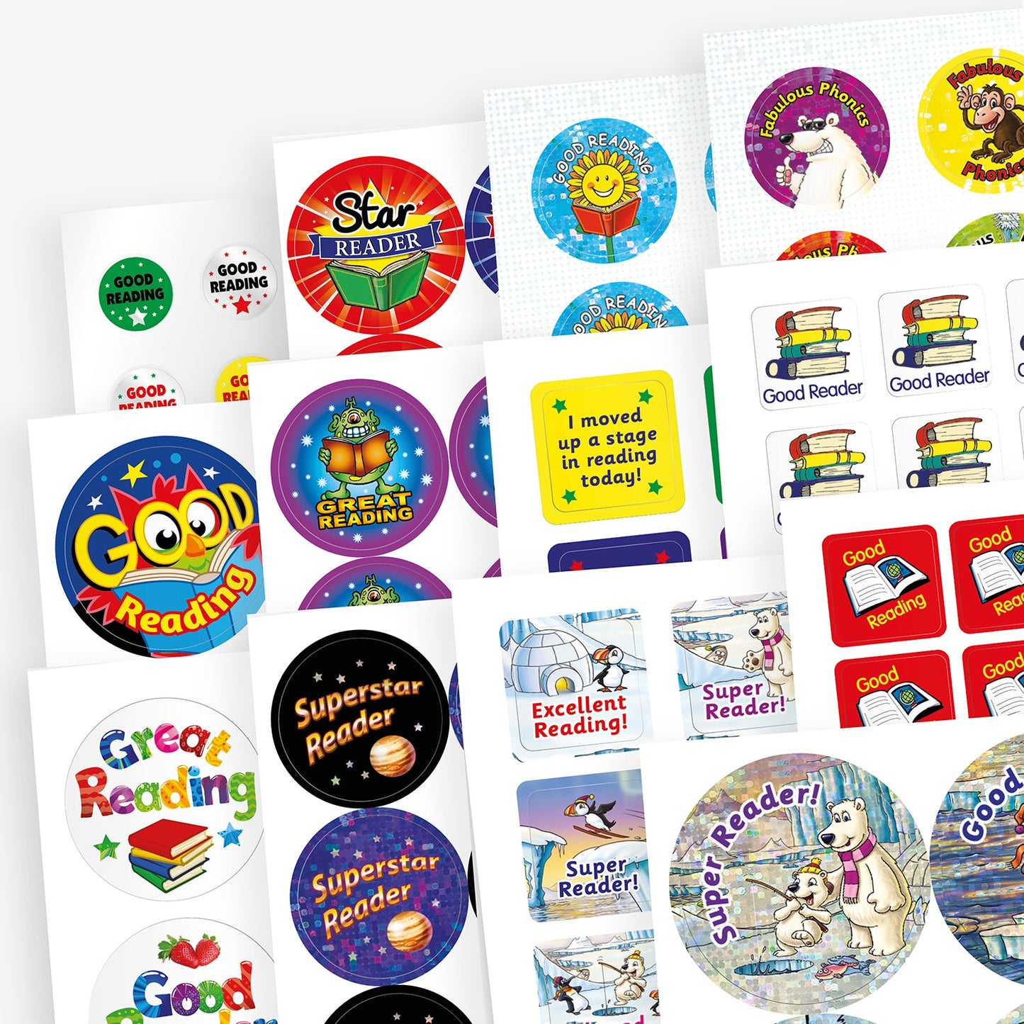 A variety of colourful reading reward stickers with phrases such as 'Star Reader', 'Great Reading', 'Superstar Reader', 'Good Reader', and 'I moved up a stage in reading today!'. Designs feature books, stars, smiling characters, animals, and vibrant backgrounds, intended to motivate and celebrate children's reading achievements.
