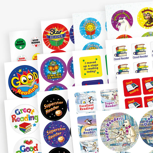 A variety of colourful reading reward stickers with phrases such as 'Star Reader', 'Great Reading', 'Superstar Reader', 'Good Reader', and 'I moved up a stage in reading today!'. Designs feature books, stars, smiling characters, animals, and vibrant backgrounds, intended to motivate and celebrate children's reading achievements.