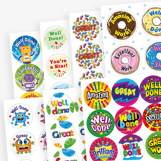 Assorted scented sheets of colourful reward stickers featuring positive messages such as 'Well Done', 'Great', 'Amazing Work', 'You're a Star!', and 'Excellent'. Designs include robots, donuts, stars, and vibrant patterns in various shapes and colours.